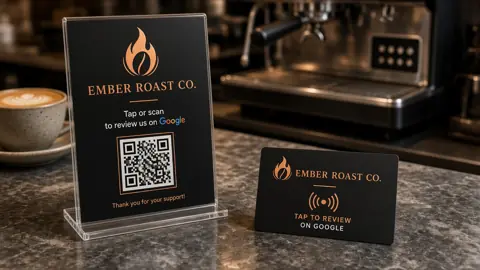 Sample design for the fictional Ember Roast Co.: QR counter stand and NFC tap card